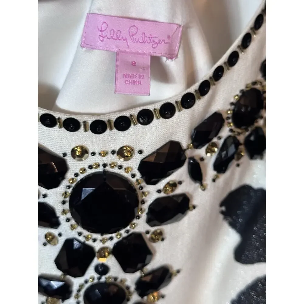 Lilly Pulitzer Dress Womens Size 8 White Strike Of Midnight Floral Jeweled Shift - Picture 3 of 16